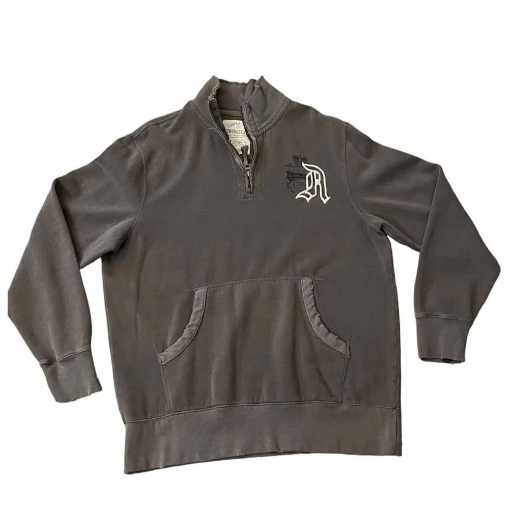 Mens Aeropostale Long Sleeve XL 3/4 Zip Warm Athletic Brown Logo With Pockets